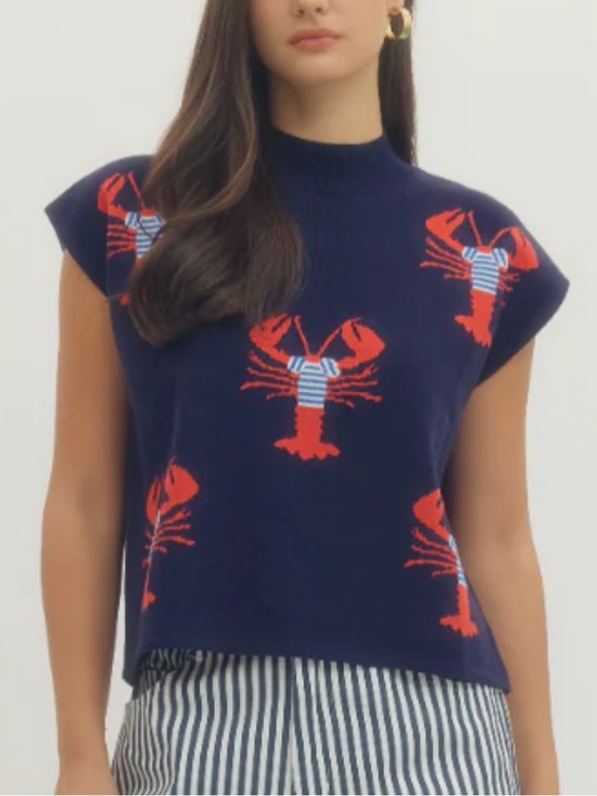 entro Tops - New Navy with Red Lobster Pattern Short Sleeve Sweater Top